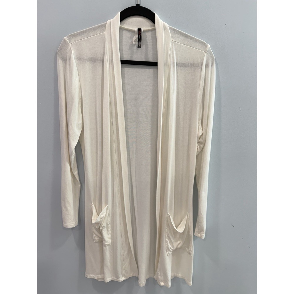 MOA Collection White Open Front Long Duster Cardigan Soft Stretch Pockets